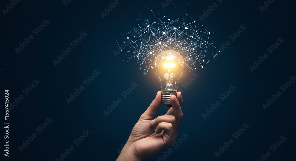 Poster a hand holding a glowing lightbulb with a network of connected dots above it on a dark blue backgrou