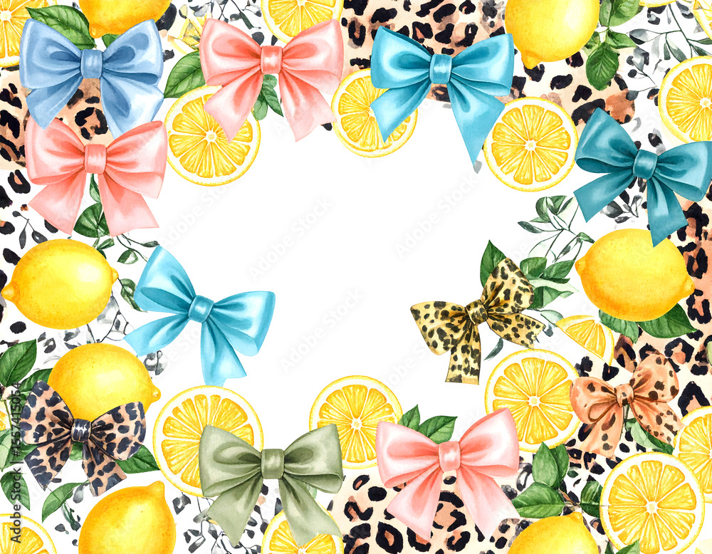 Poster set of cute seamless patterns of multicolored bows, leopard abstract print on a light