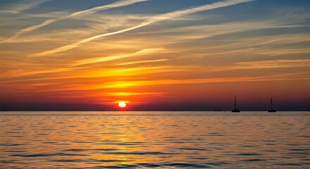 Obraz premium Stunning sunset over calm ocean waters with two sailboats silhouetted against the vibrant sky, creating a picturesque seascape.