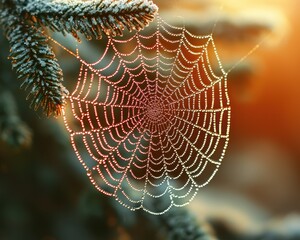 Delicate spiderweb, glistening with morning dew, draped across a frosted evergreen branch