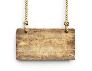 Empty rustic wooden sign hanging by ropes
