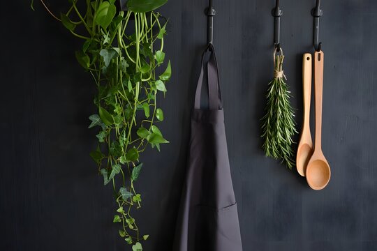 Kitchen essentials hanging on dark wall with green plants and rosemary herb