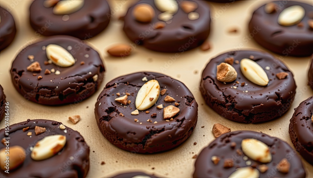 Poster dark chocolate cookies topped with almonds and nuts on a rustic background