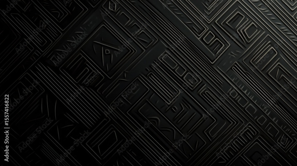 Poster dark tribal geometric pattern with diagonal lines and overlapping shapes on a black background. ethn