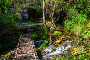 A rustic wooden bridge spans a flowing stream