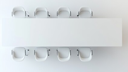 Overhead view of a long white table with matching white chairs