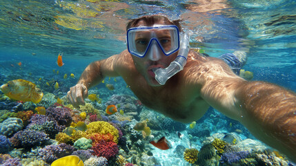 a man swimming in the ocean with a mask on his face and a lot of fish around him and a coral reef