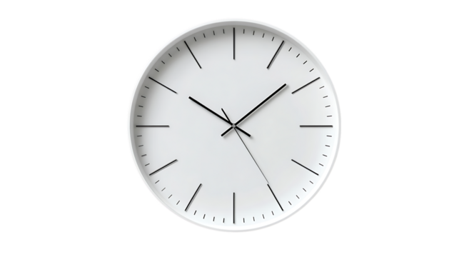 A minimalist white clock with black hands on a black background view on transparent background