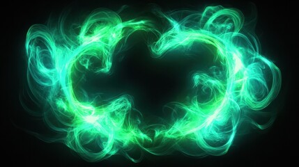 Green smoke swirling in circular pattern against black background creating neon frames with