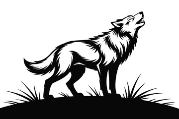 Obraz premium Black and white illustration of a howling wolf on a grassy hill