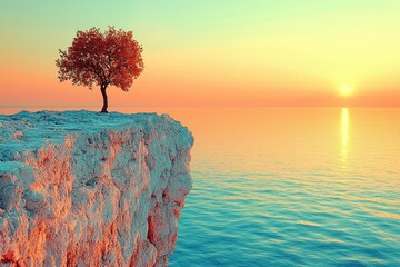 Dramatic coastal sunrise with solitary tree. A lone tree stands sentinel on a cliff edge, overlooking a serene ocean at sunrise. Soft, warm colors paint the sky and water
