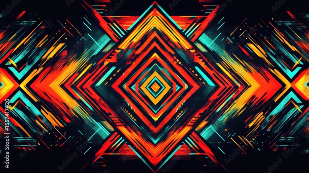 Poster vibrant geometric pattern with overlapping triangles and colorful lines on aztec ethnic motif. nativ