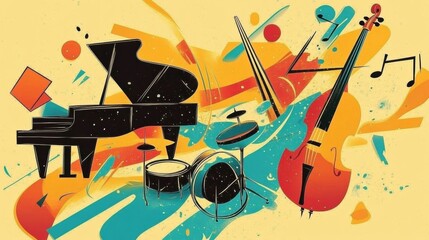 Vibrant Musical Instrument Illustration with Piano, Violin, Cello & Drum International jazz day background watercolor