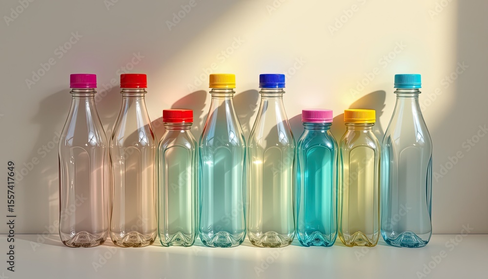 Poster colorful bottles in a row with soft light reflection and shadow play