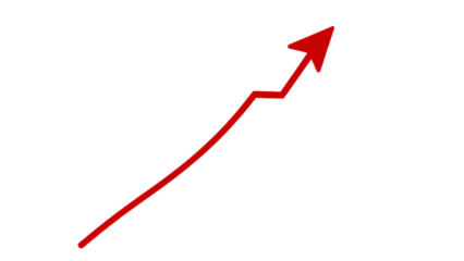 Red upward arrow graph showing rising trend isolated on white or transparent background