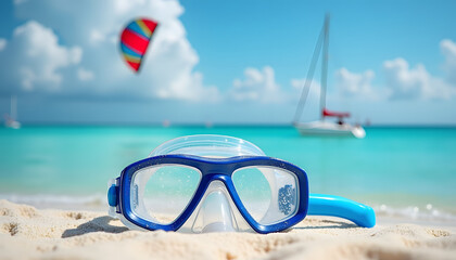 A snorkeling mask lies on a sandy beach with a stunning ocean view.