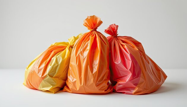 Colorful plastic garbage bags in orange, yellow and red hues