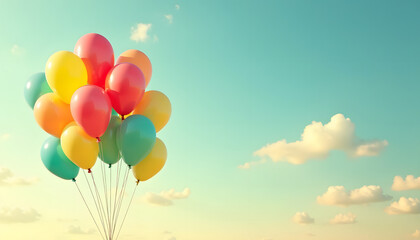 A beautiful bunch of colorful balloons floating in a clear blue sky with fluffy clouds.