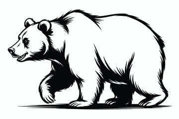 Obraz premium Black and white illustration of a walking bear with detailed fur and a shadow