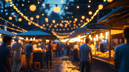Obraz premium Night market scene illuminated by warm glowing lights showcasing food stalls and gathered people
