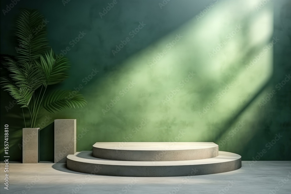 Aufkleber empty round concrete display stand with palm tree and green wall background, showing sunlight creati