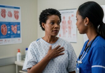 African American patient in hospital gown discussing with nurse in medical office