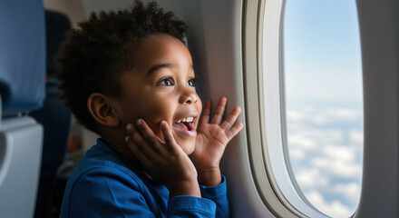 Joyful child on airplane looking out window at clouds during flight