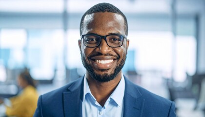 Obraz premium Portrait of confident African businessman in modern workplace setting, smiling at camera