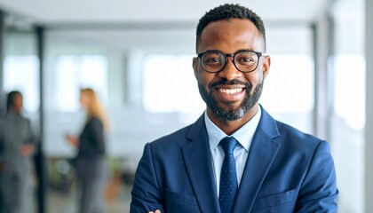 Fototapeta premium Portrait of confident Black businessman smiling in bright modern office