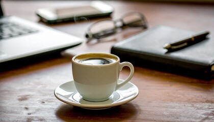 White coffee cup on business desk setup with tablet, glasses, and meeting notes