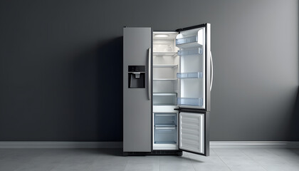 A modern, stainless steel refrigerator with the door open in a kitchen.