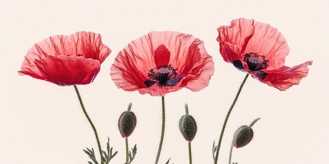 Obraz premium Three delicate, vibrant pink poppies against a plain backdrop