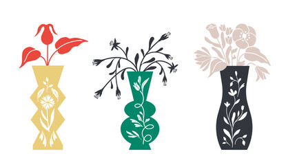 Modern pottery design, houseplants, ceramics illustration. Isolated vector graphic. Botanical silhouette in decorative vessels.