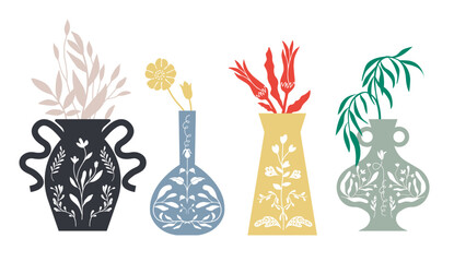 Modern pottery design, houseplants, ceramics illustration. Isolated vector graphic. Botanical silhouette in decorative vessels.