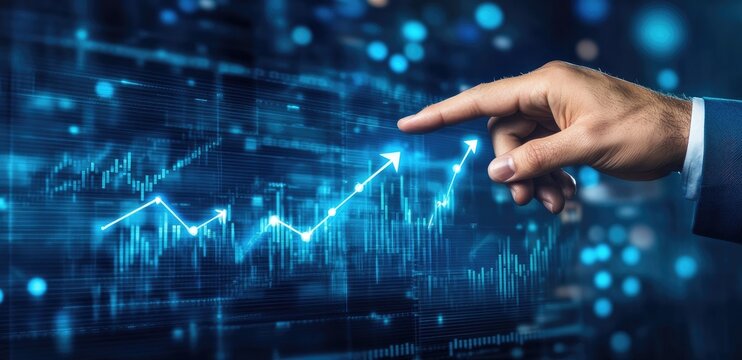 Hand pointing to a rising graph on a digital interface - Powered by Adobe
