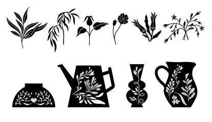 Modern pottery design, houseplants, ceramics illustration. Isolated vector graphic. Botanical silhouette in decorative vessels.