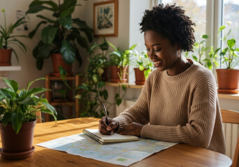 Smiling Black woman planning a trip at home surrounded by houseplants