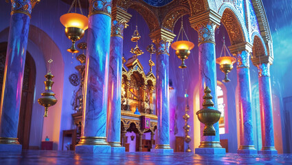 Ornate religious interior with illuminated lanterns and marble columns during a gentle rain shower