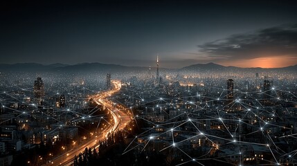 Wide aerial view of a sprawling city, lit at night