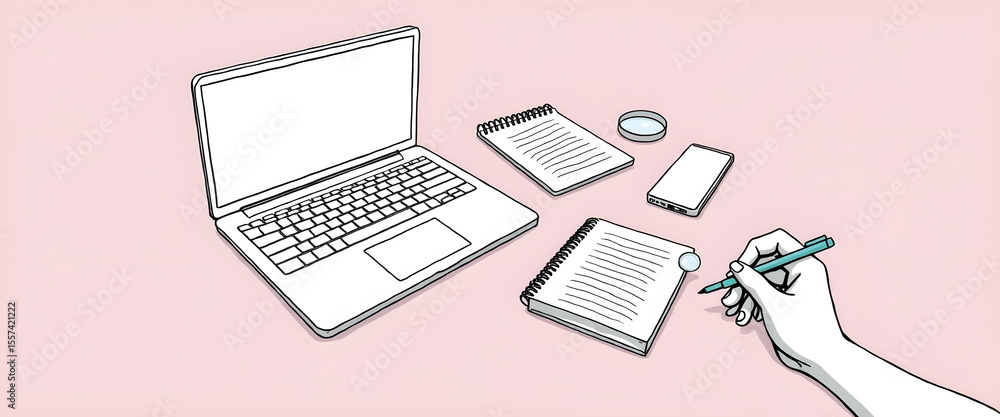 Poster notebook and laptop surrounded by workspace elements on a pink background.
