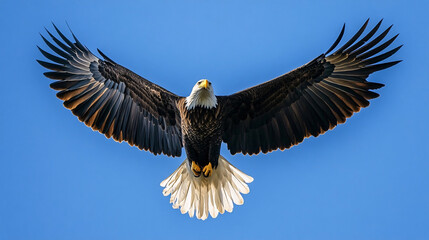 Obraz premium A stunning bald eagle in flight, showcasing its impressive wingspan against a clear blue sky.