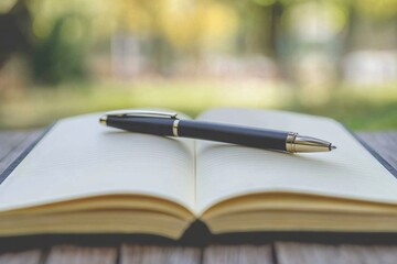 Ballpoint Pen Resting on Open Notebook Wooden Surface with business
