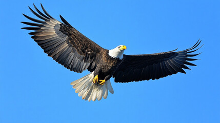 Fototapeta premium A bald eagle in full flight against a vivid blue sky, showcasing its impressive wingspan and natural beauty.