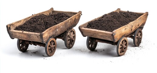 Two antique wooden wheelbarrows filled with dark soil