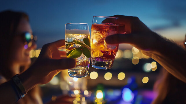 Friends toast with cocktails at a rooftop bar during a night out.