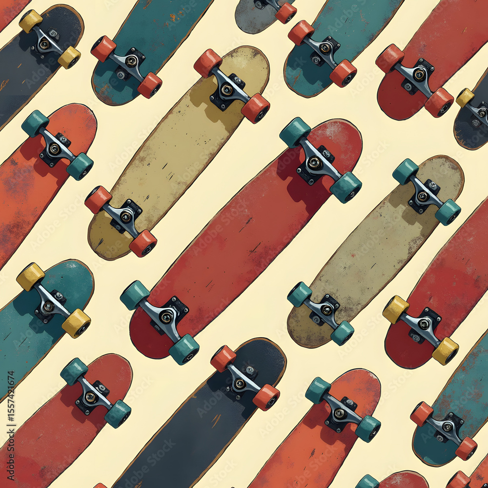 Poster a colorful and retro skateboard pattern with a warm, inviting background.