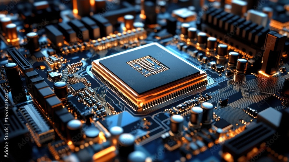 Poster close-up of computer motherboard with central cpu surrounded by electronic processors concept