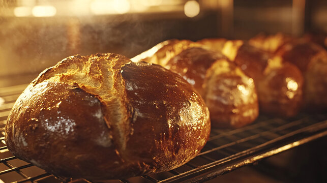 Golden loaves of bread baking in the oven, with steam rising from the crust.