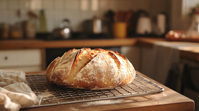 A beautiful loaf of freshly baked sourdough bread sits on a wire rack in a cozy kitchen setting.