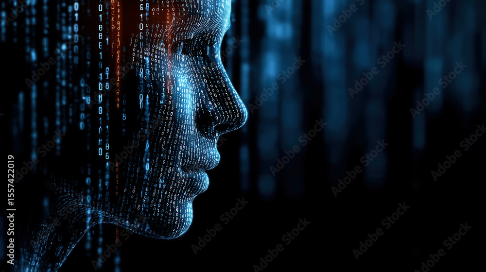 Poster futuristic portrait of a woman's profile with a digital binary code background illustrating artifici
